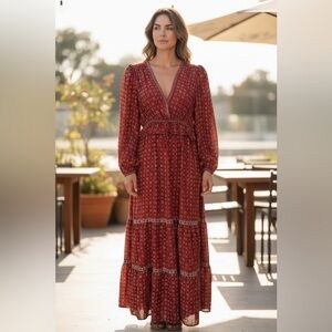 NEW, Max Studio, Red Boho Tiered Maxi Dress Long Sleeve, Size S